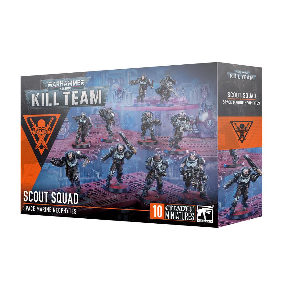 Warhamer 40,000 - Kill Team - Scout Squad - Warhammer 40,000 Kill Team Scout Squad box featuring ten detailed Space Marine Neophyte miniatures in gray plastic on.