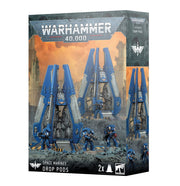 Warhammer 40,000 - Space Marines - Drop Pods - Two blue and silver Warhammer 40,000 Space Marine drop pods with angular armor plating and landing struts, accompanied by.