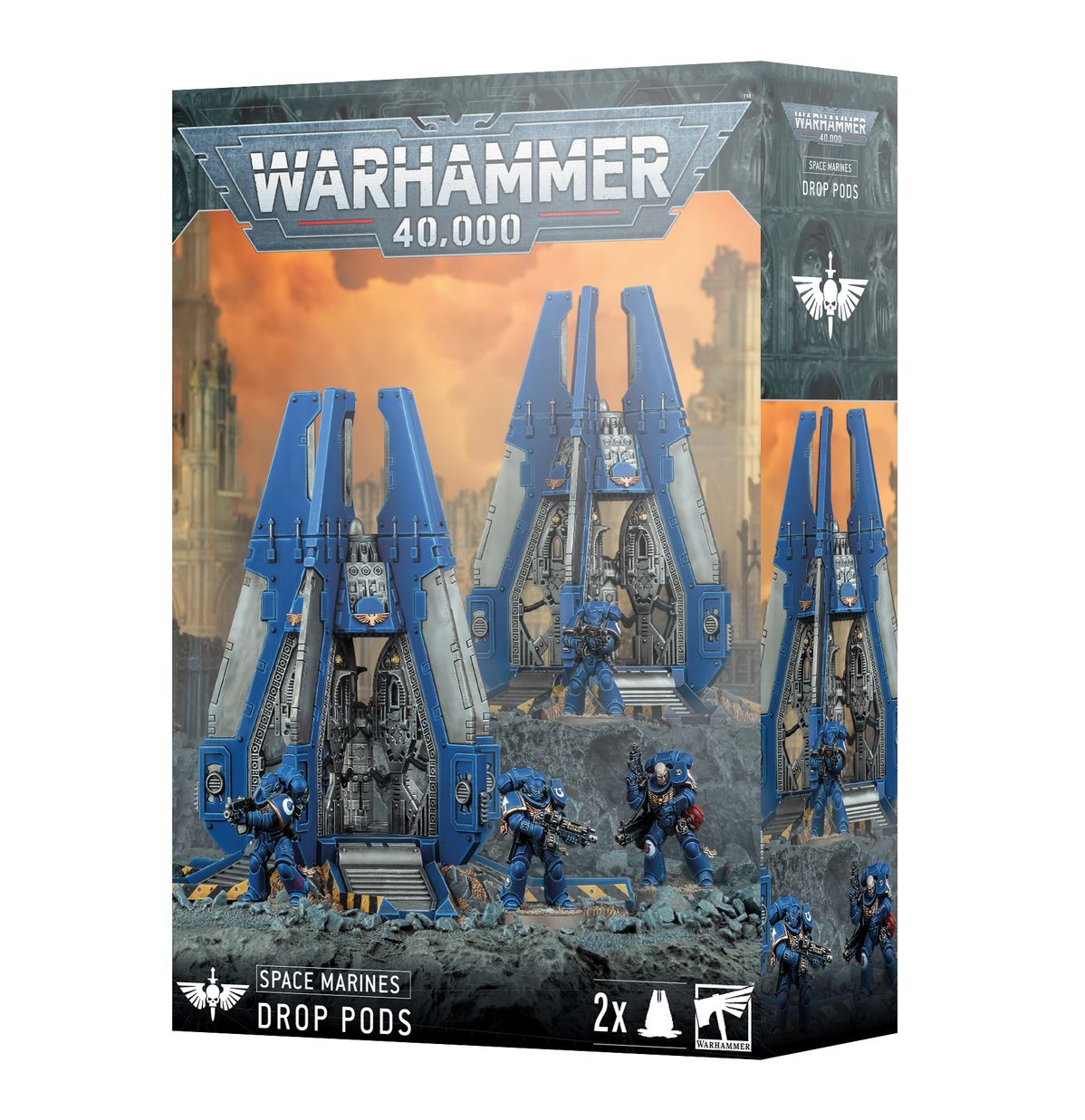 Warhammer 40,000 - Space Marines - Drop Pods - Two blue and silver Warhammer 40,000 Space Marine drop pods with angular armor plating and landing struts, accompanied by.