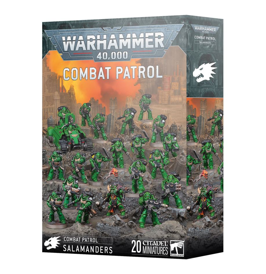 Warhammer 40,000 - Salamanders - Combat Patrol - Warhammer 40,000 Salamanders Combat Patrol box featuring 20 detailed green-armored miniatures with black and metallic.