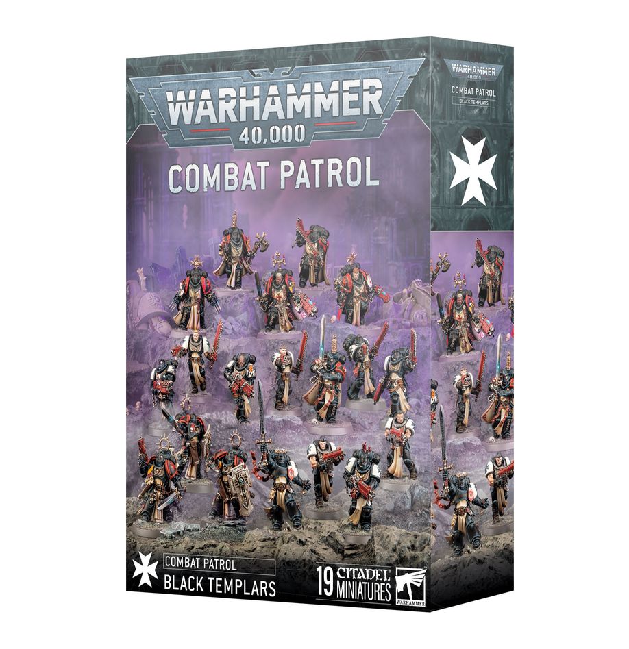 Warhammer 40,000 - Black Templars - Combat Patrol - Warhammer 40,000 Black Templars Combat Patrol box showing 19 painted miniature Space Marines in black and white armor with.