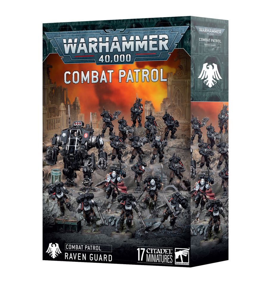 Warhammer 40,000 - Raven Guard - Combat Patrol - Warhammer 40,000 Raven Guard Combat Patrol box featuring 17 detailed black and grey miniature warrior figures in dynamic.