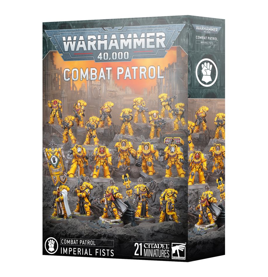 Warhammer 40,000 - Imperial Fists - Combat Patrol - Warhammer 40,000 Imperial Fists Combat Patrol box featuring 21 yellow-armored Space Marines with detailed weapons and armor.