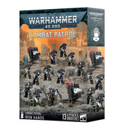 Warhammer 40,000 - Iron Hands - Combat Patrol - Set of 13 black-armored Iron Hands Warhammer 40,000 miniatures with weapons and banners on textured battlefield base.