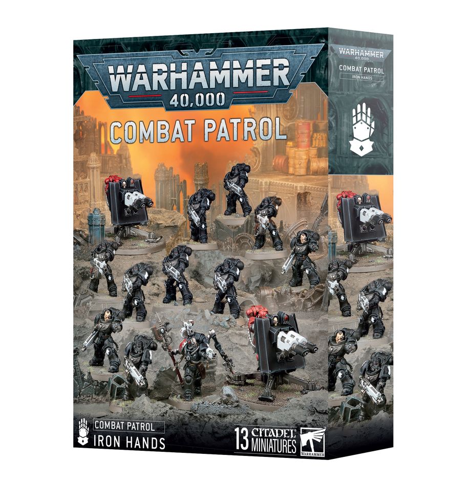 Warhammer 40,000 - Iron Hands - Combat Patrol - Set of 13 black-armored Iron Hands Warhammer 40,000 miniatures with weapons and banners on textured battlefield base.