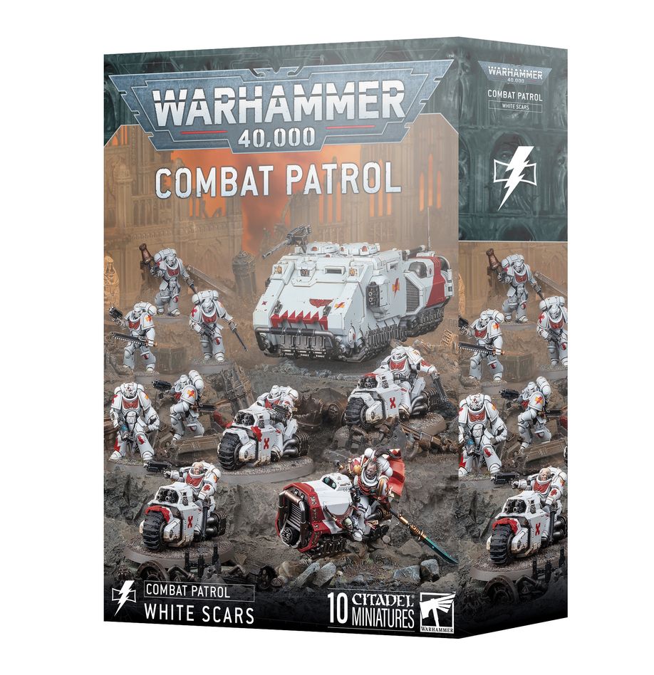 Warhammer 40,000 - White Scars - Combat Patrol - Warhammer 40,000 White Scars Combat Patrol set with white and red armored Space Marines and a large white vehicle with red.