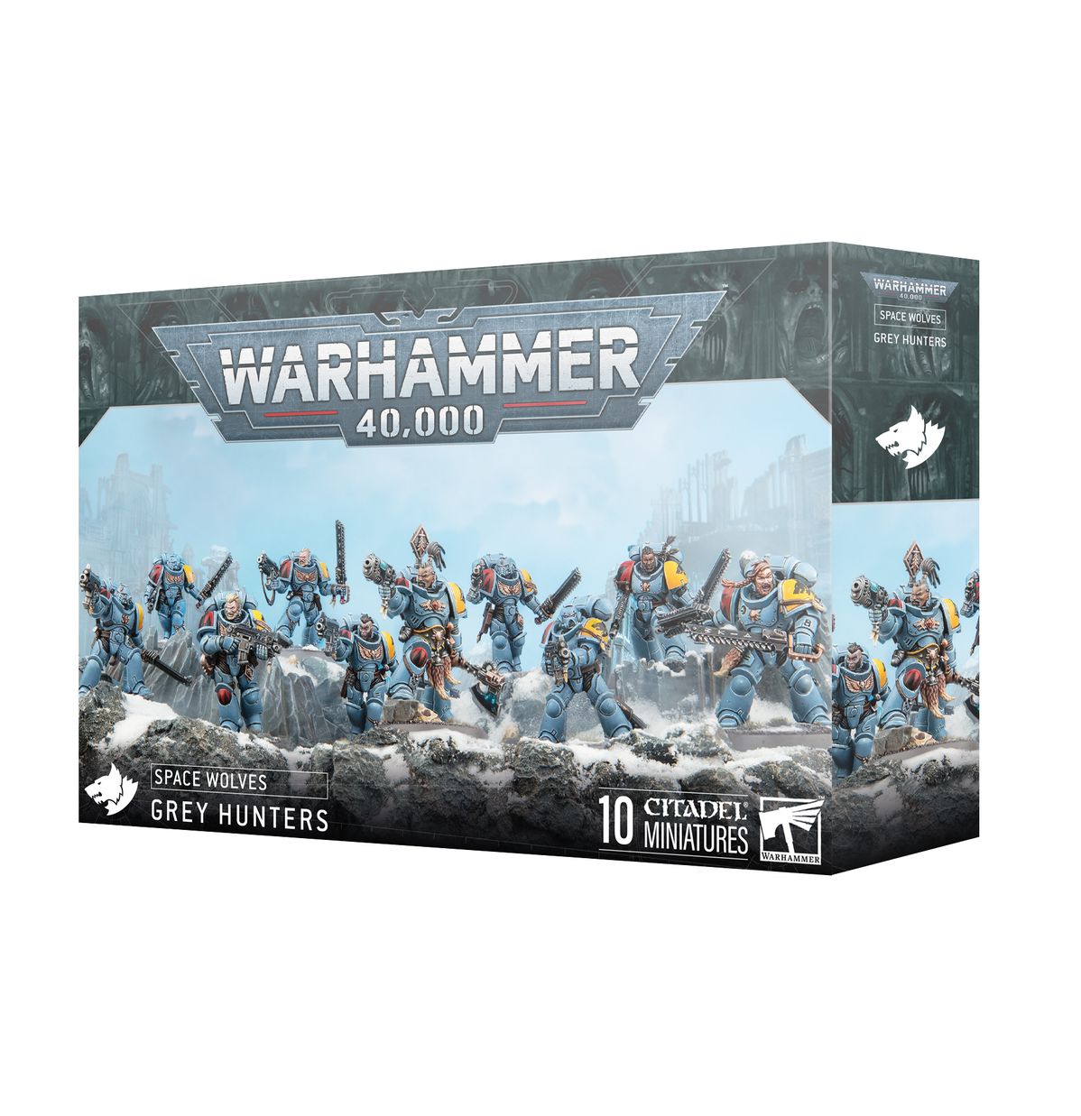 Warhammer 40,000 - Space Wolves - Grey Hunters - Warhammer 40,000 Space Wolves Grey Hunters box featuring 10 detailed blue and gray armored miniatures with weapons and.