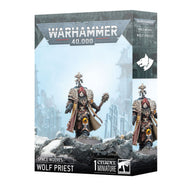 Warhammer 40,000 - Space Wolves - Wolf Priest - Warhammer 40,000 Space Wolves Wolf Priest miniature with ornate armor, long cloak, skull-adorned staff, and wolf-themed.