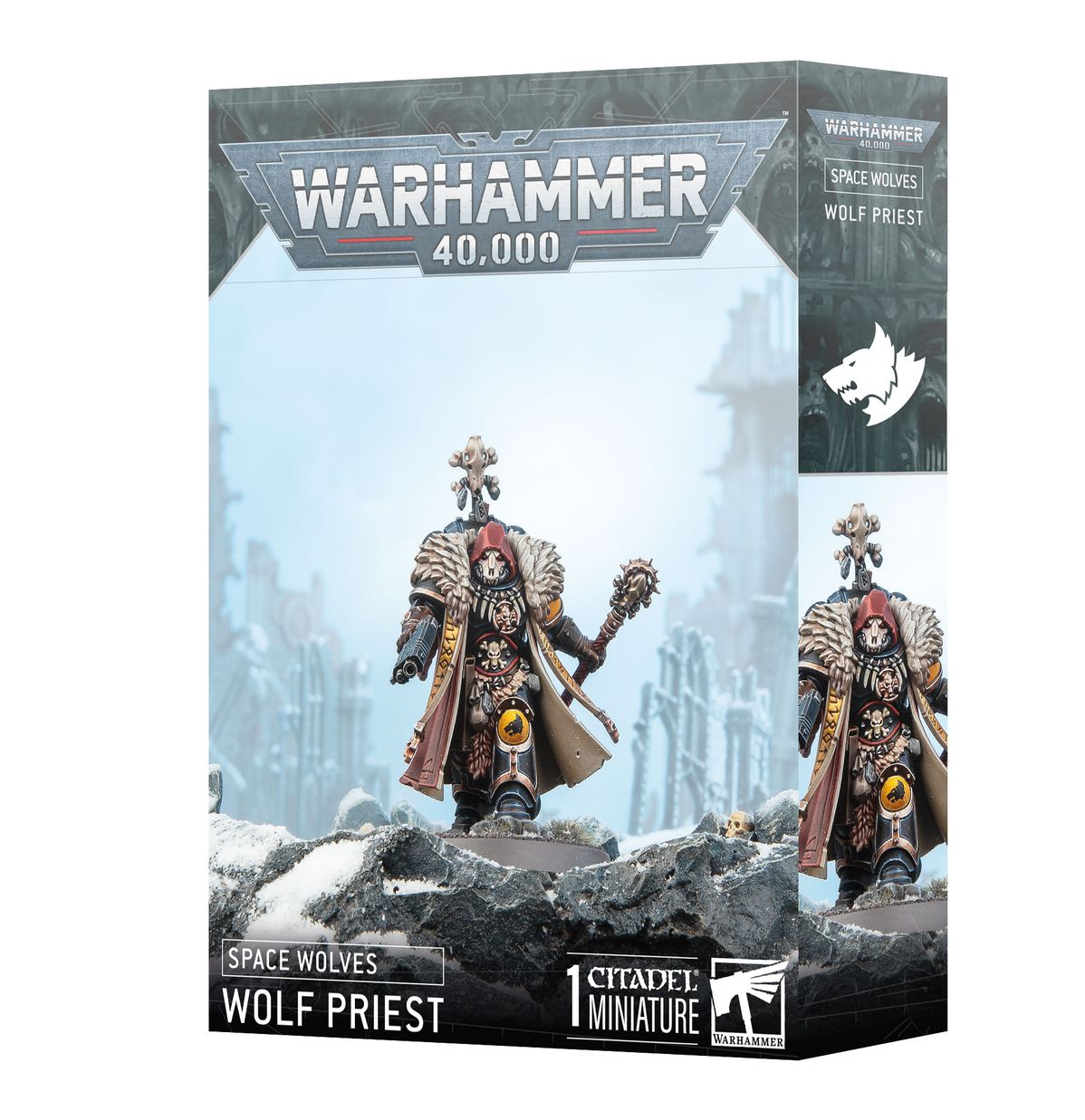 Warhammer 40,000 - Space Wolves - Wolf Priest - Warhammer 40,000 Space Wolves Wolf Priest miniature with ornate armor, long cloak, skull-adorned staff, and wolf-themed.