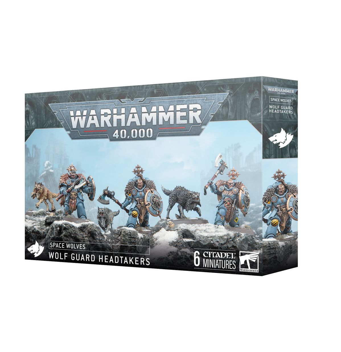 Warhammer 40,000 - Space Wolves - Wolf Guard Headtakers - Warhammer 40,000 Space Wolves Wolf Guard Headtakers box featuring six detailed gray resin miniatures with wolf and.
