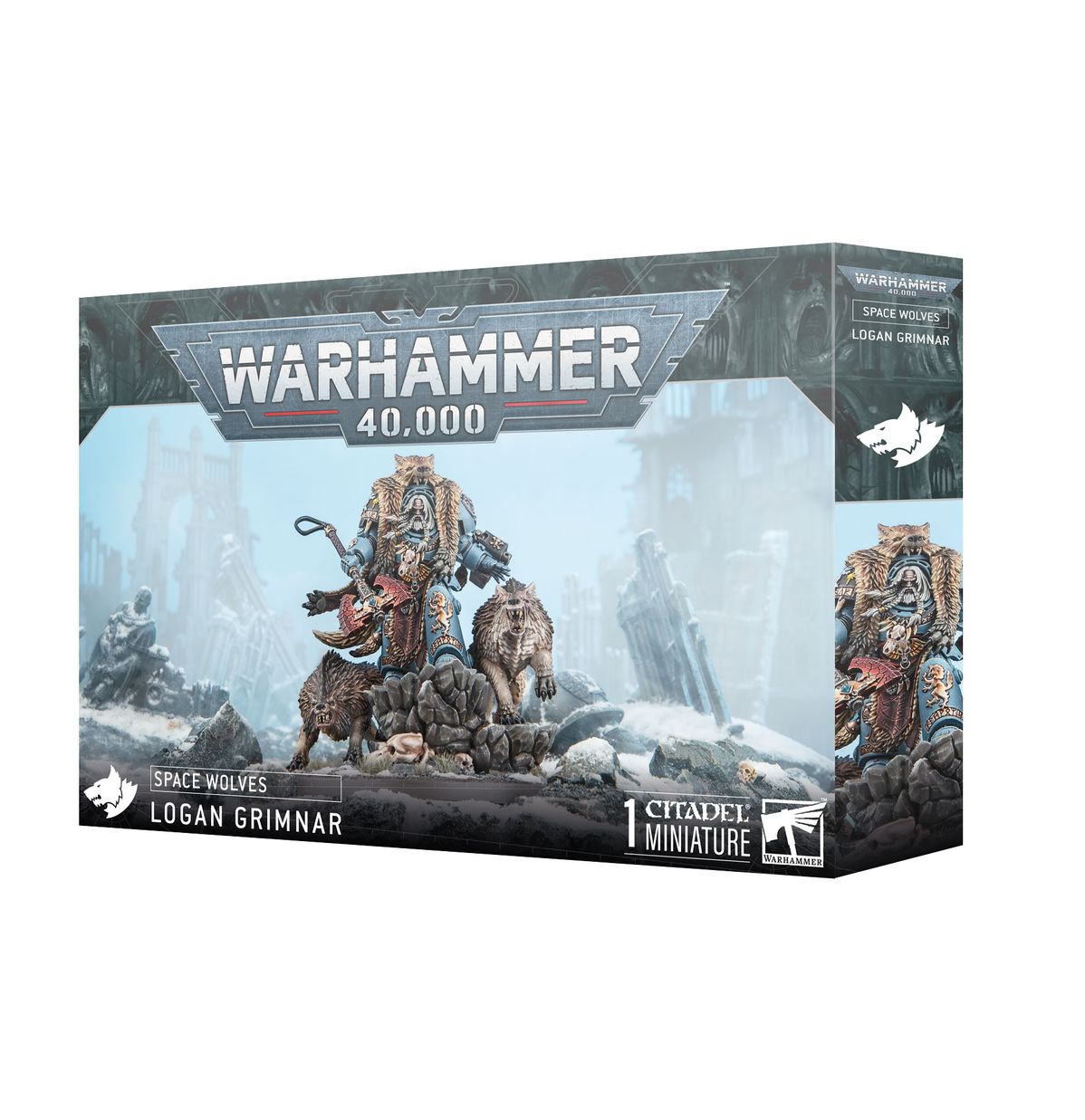 Warhammer 40,000 - Space Wolves - Logan Grimnar - Warhammer 40,000 Space Wolves Logan Grimnar box featuring detailed snowy battlefield artwork with armored warrior and wolf.