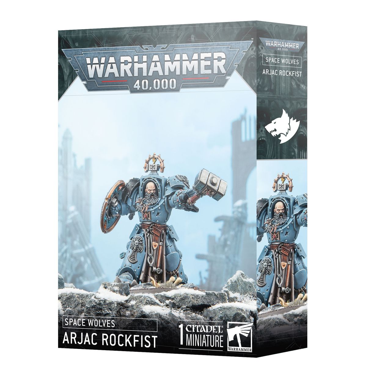 Warhammer 40,000 - Space Wolves - Arjac Rockfist - Warhammer 40,000 Space Wolves Arjac Rockfist miniature box featuring detailed armored warrior with blue-gray power armor and