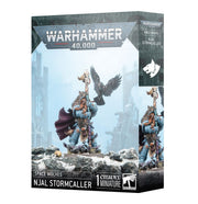 Warhammer 40,000 - Space Wolves - Njal Stormcaller - Warhammer 40,000 Njal Stormcaller miniature in blue armor with purple cape and raven on arm, standing on rocky base.