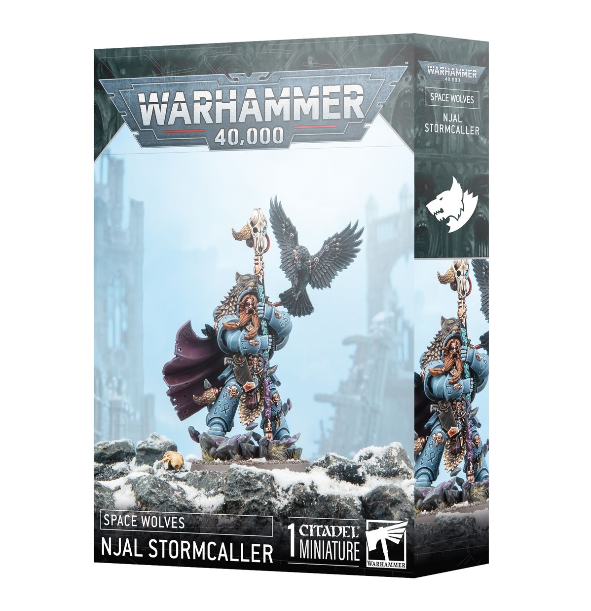 Warhammer 40,000 - Space Wolves - Njal Stormcaller - Warhammer 40,000 Njal Stormcaller miniature in blue armor with purple cape and raven on arm, standing on rocky base.
