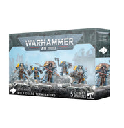 Warhammer 40,000 - Space Wolves - Wolf Guard Terminators - Warhammer 40,000 Space Wolves Wolf Guard Terminators box featuring five detailed gray plastic miniatures in power armor with