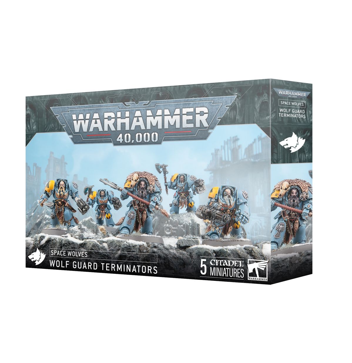 Warhammer 40,000 - Space Wolves - Wolf Guard Terminators - Warhammer 40,000 Space Wolves Wolf Guard Terminators box featuring five detailed gray plastic miniatures in power armor with