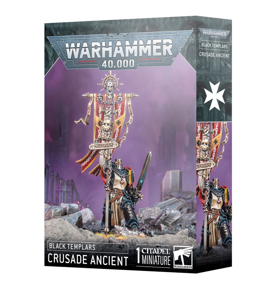 Warhammer 40,000 - Black Templars - Crusade Ancient - Warhammer 40,000 Black Templars Crusade Ancient miniature with ornate armor, large banner, sword, and detailed base.