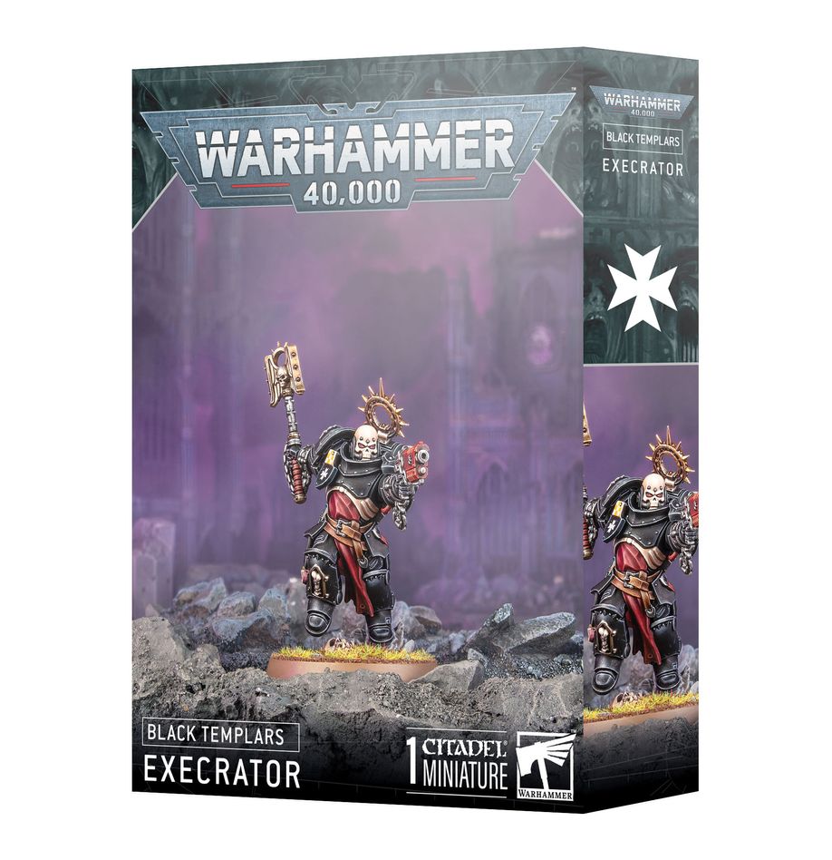 Warhammer 40,000 - Black Templars - Execrator - Warhammer 40,000 Black Templars Execrator miniature box with sci-fi armored warrior wielding hammer and shield against.