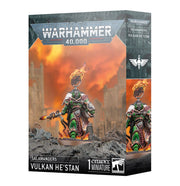 Warhammer 40,000 - Salamanders - Vulkan He’stan - Warhammer 40,000 Salamanders Vulkan He’stan miniature box with fiery background and detailed warrior figure in green armor.