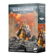 Warhammer 40,000 - Imperial Fists - Darnath Lysander - Warhammer 40,000 Darnath Lysander miniature in yellow power armor with silver shield and hammer on rocky base.