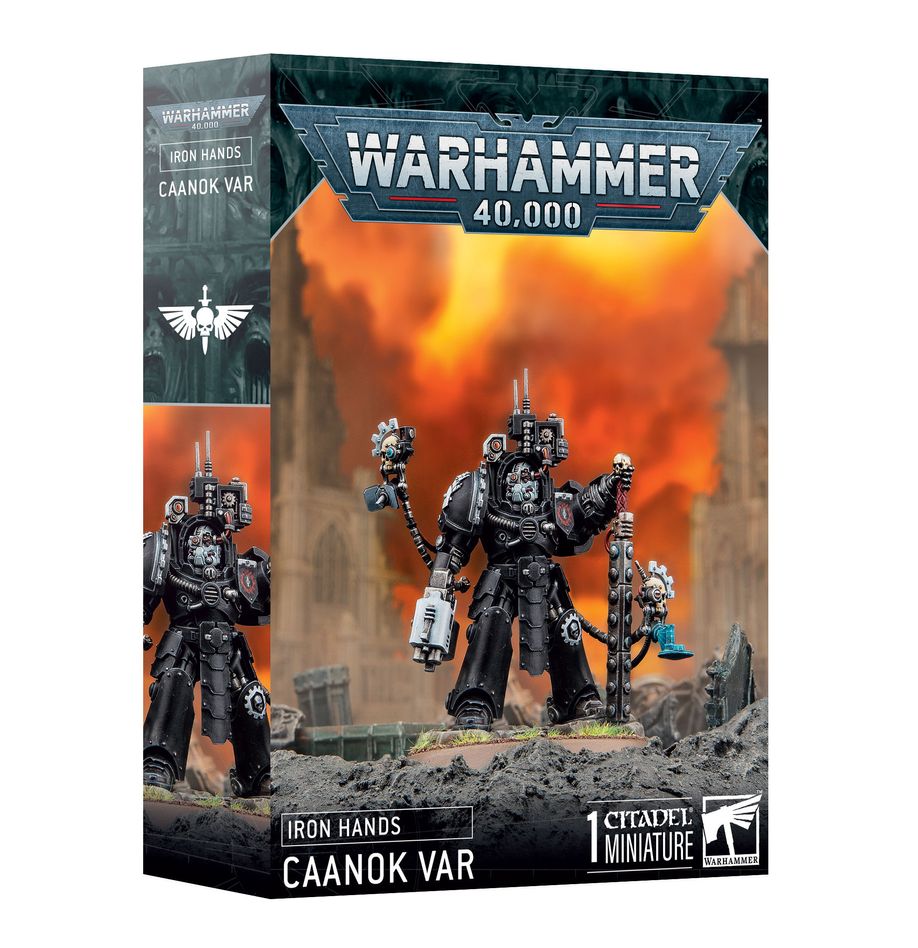Warhammer 40,000 - Iron Hands - Caanok Var - Warhammer 40,000 Iron Hands Caanok Var miniature box showing black armored warrior with mechanical arm and weapon against.