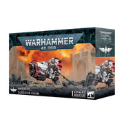 Warhammer 40,000 - Ultramarines - Suboden Khan - Warhammer 40,000 Suboden Khan miniature box art showing armored Ultramarines on a futuristic motorcycle with a smoky,.