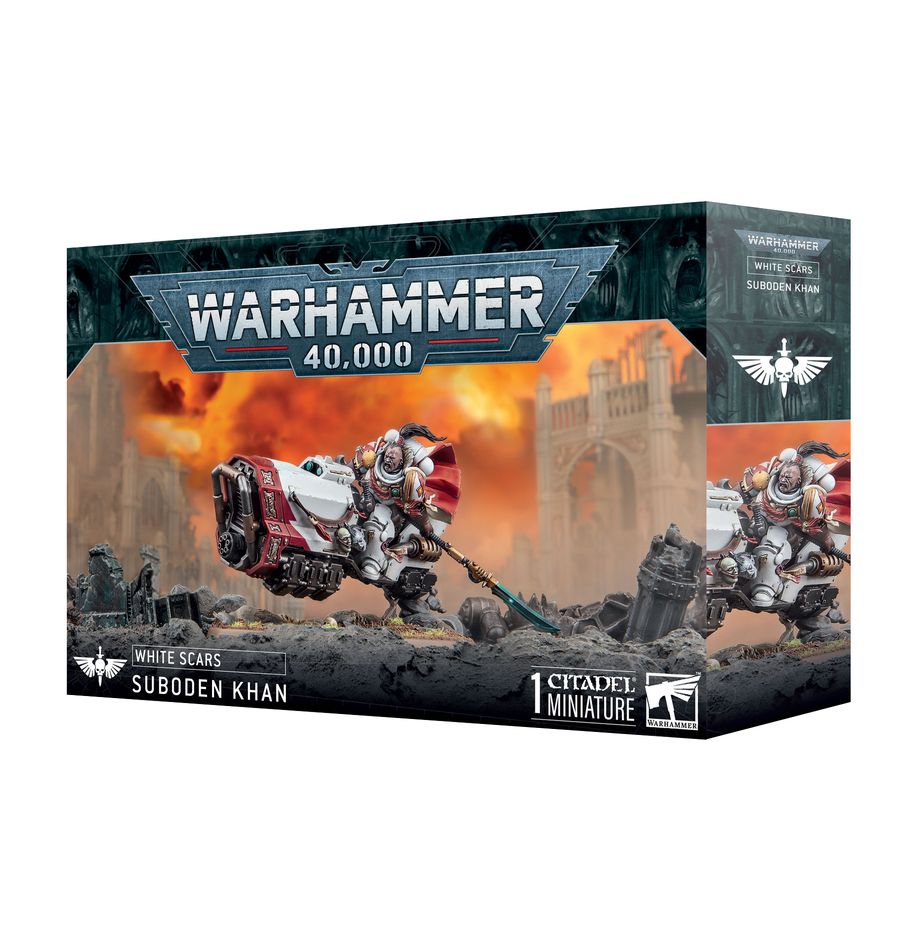 Warhammer 40,000 - Ultramarines - Suboden Khan - Warhammer 40,000 Suboden Khan miniature box art showing armored Ultramarines on a futuristic motorcycle with a smoky,.
