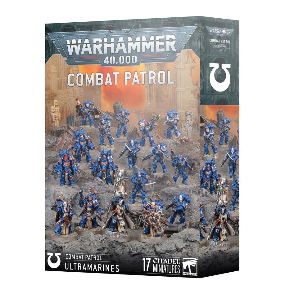 Warhammer 40,000 - Ultramarines - Combat Patrol - Warhammer 40,000 Ultramarines Combat Patrol box featuring 17 detailed blue and silver armored Space Marine miniatures in.