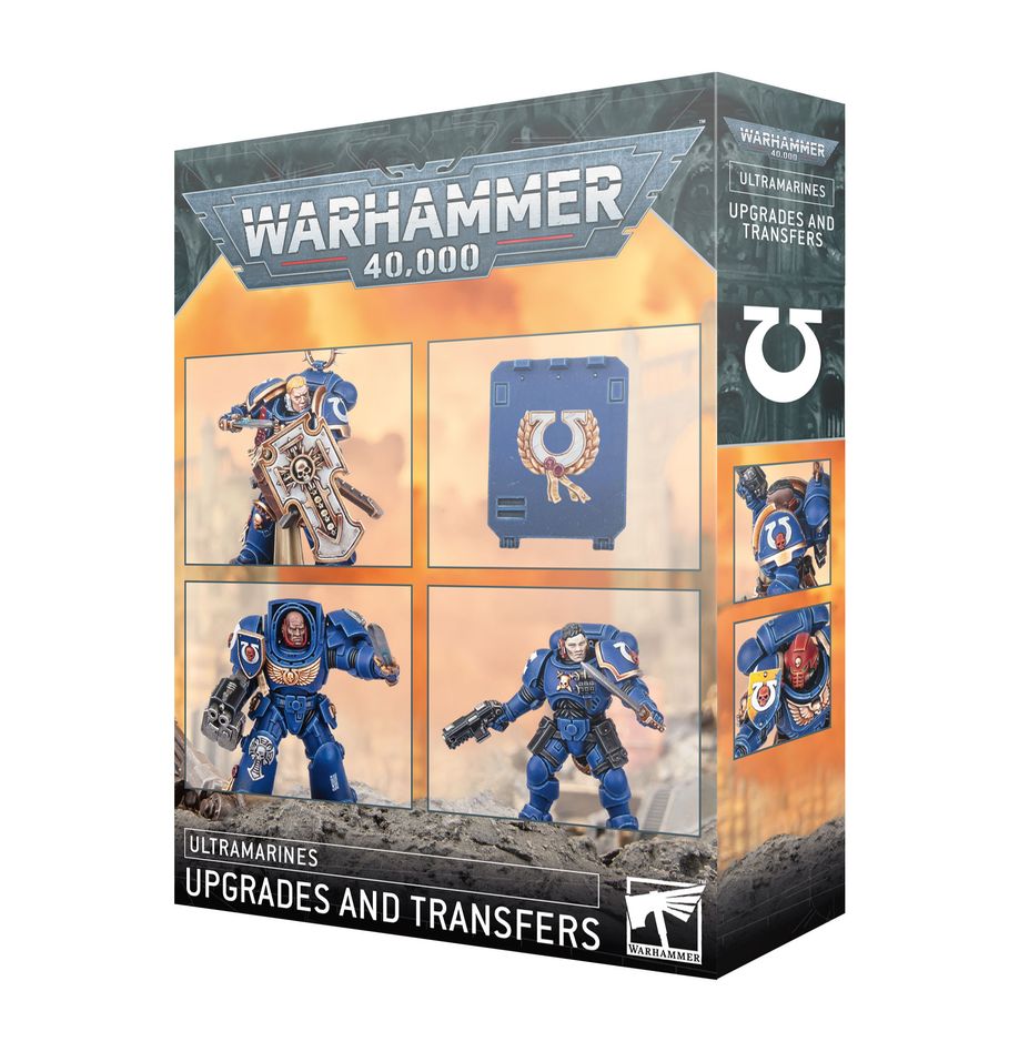 Warhammer 40,000 - Ultramarines - Upgrades and Transfers - Warhammer 40,000 Ultramarines Upgrades and Transfers set packaging with blue and gold decals shown on miniature figures and.