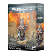 Warhammer 40,000 - Ultramarines - Cato Sicarius - Detailed painted Warhammer 40,000 Ultramarines Cato Sicarius miniature with blue armor, gold accents, sword, and banner on.