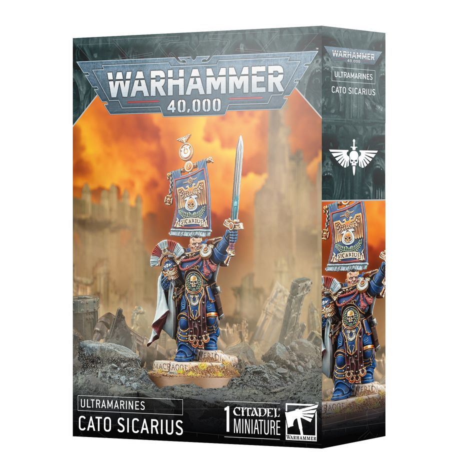 Warhammer 40,000 - Ultramarines - Cato Sicarius - Detailed painted Warhammer 40,000 Ultramarines Cato Sicarius miniature with blue armor, gold accents, sword, and banner on.