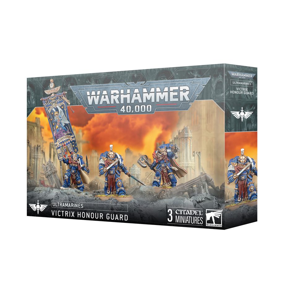 Warhammer 40,000 - Ultramarines - Victrix Honour Guard - Warhammer 40,000 Victrix Honour Guard box featuring three detailed blue-armored Ultramarines miniatures with gold accents.
