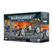 Warhammer 40,000 - Space Marines - Terminator Assault Squad - Warhammer 40,000 Space Marines Terminator Assault Squad box with six blue-armored miniature figures holding weapons on an.