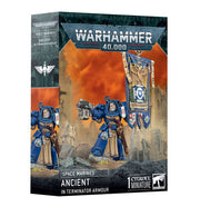 Warhammer 40,000 - Space Marines - Ancient in Terminator Armour - Blue armored Space Marine in bulky Terminator armour wielding a storm bolter and power fist, next to a detailed blue and.