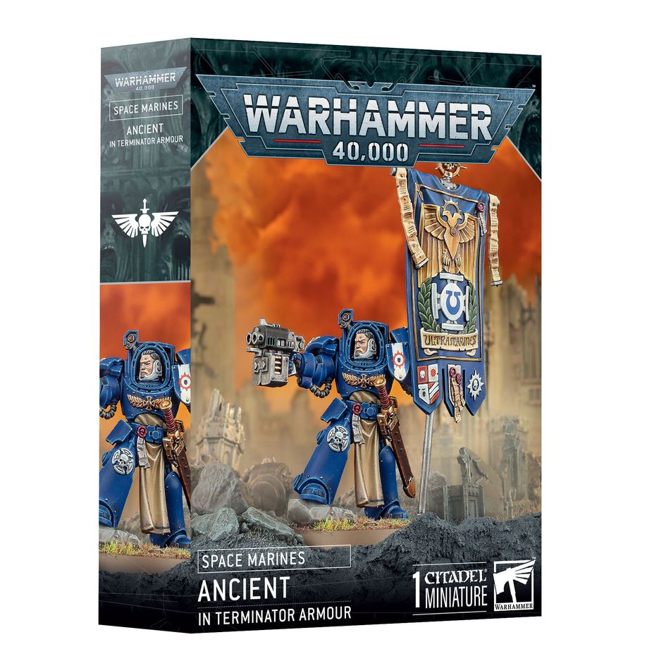 Warhammer 40,000 - Space Marines - Ancient in Terminator Armour - Blue armored Space Marine in bulky Terminator armour wielding a storm bolter and power fist, next to a detailed blue and.