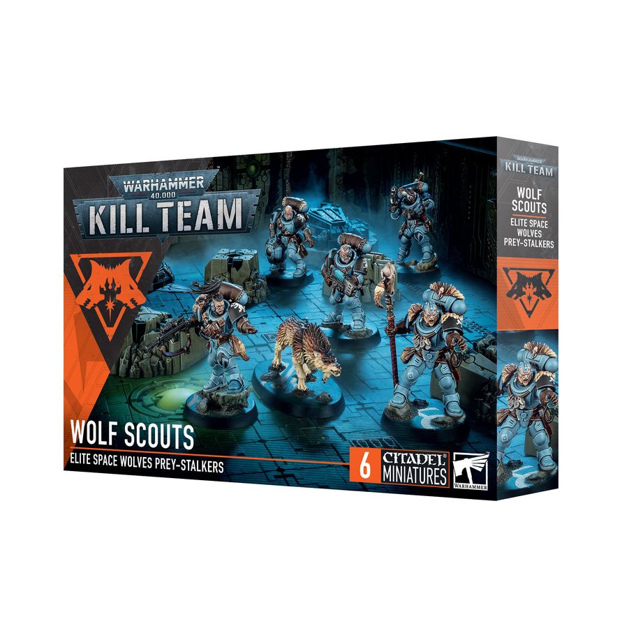 Warhammer 40,000 - Kill Team - Wolf Scouts - Boxed set of six detailed Warhammer 40K Wolf Scouts miniatures in gray plastic with futuristic armor and weapons.