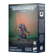 Warhammer 40,000 - Ultramarines - Ferren Areios - Blue armored Ultramarines Space Marine miniature holding a large rifle and knife with gold and silver details on display.