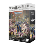 Warhammer 40,000 - Space Marines - Lieutenant Titus - Warhammer 40,000 Space Marines Lieutenant Titus box featuring blue-armored figure battling alien creatures with detailed.
