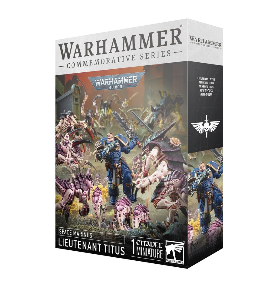 Warhammer 40,000 - Space Marines - Lieutenant Titus - Warhammer 40,000 Space Marines Lieutenant Titus box featuring blue-armored figure battling alien creatures with detailed.