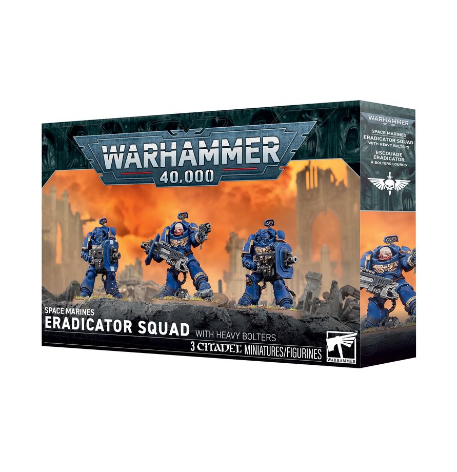 Warhammer 40,000 - Space Marines - Eradicator Squad With Heavy Bolters (PREORDER) - Warhammer 40,000 Space Marines Eradicator Squad box featuring three blue-armored miniatures with heavy bolters on a fiery.