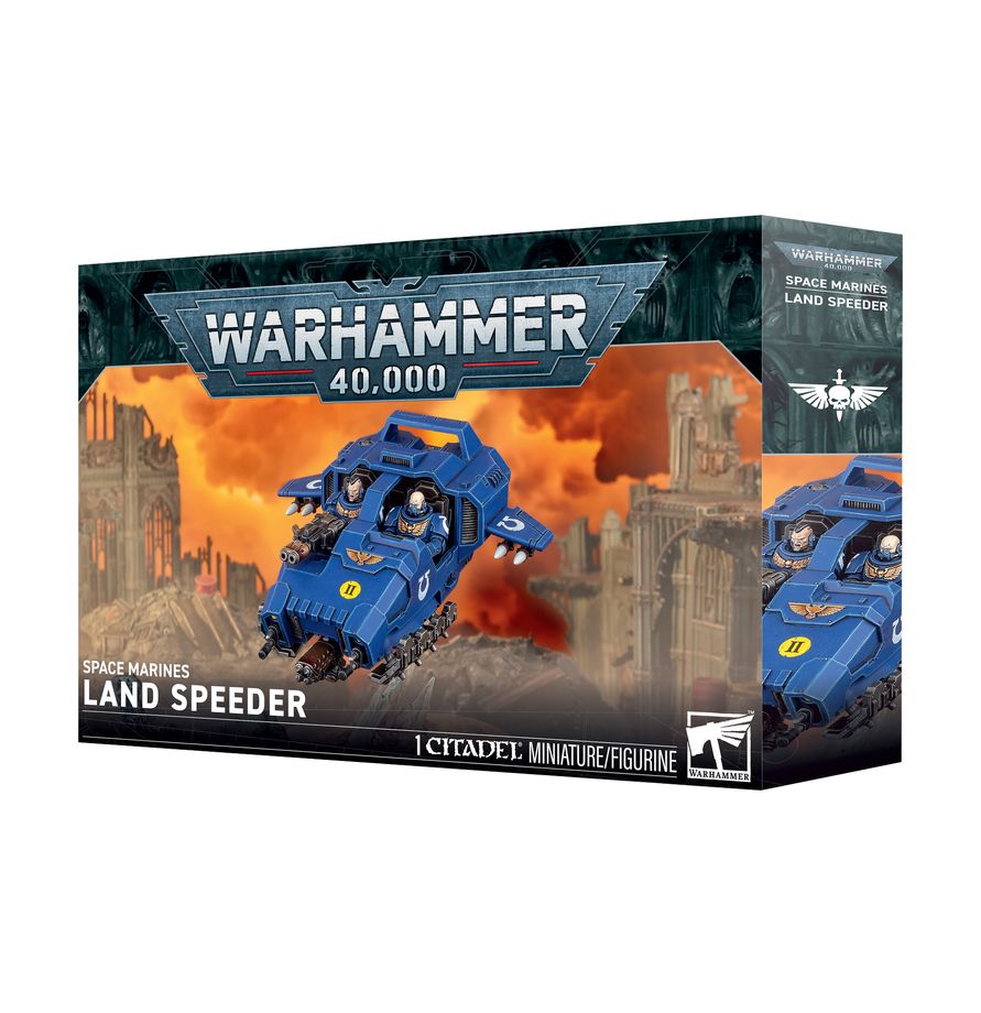 Warhammer 40,000 - Space Marines - Land Speeder (PREORDER) - Blue futuristic armored hover vehicle with twin engines and heavy bolter weapon, Warhammer 40K Land Speeder model kit box.
