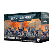 Warhammer 40,000 - Space Marines - Intercessor Squad (PREORDER) - Box of Warhammer 40,000 Space Marines Intercessor Squad with blue armored miniatures wielding guns and banners against a.