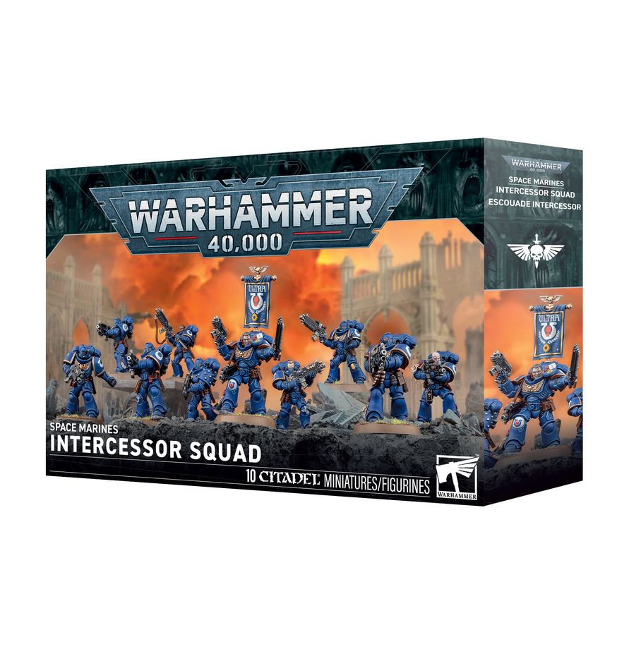 Warhammer 40,000 - Space Marines - Intercessor Squad (PREORDER) - Box of Warhammer 40,000 Space Marines Intercessor Squad with blue armored miniatures wielding guns and banners against a.