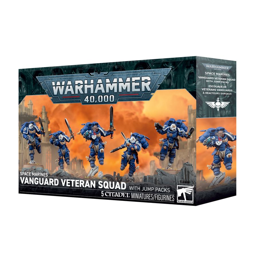 Warhammer 40,000 - Space Marines - Vanguard Veteran Squad with Jump Packs (PREORDER) - Warhammer 40,000 Space Marines Vanguard Veteran Squad box featuring five blue-armored miniatures with silver and gold.