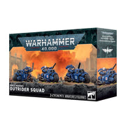 Warhammer 40,000 - Space Marines - Outrider Squad (PREORDER) - Warhammer 40,000 Space Marines Outrider Squad box featuring blue-armored miniatures on black motorcycles with weapons, set.