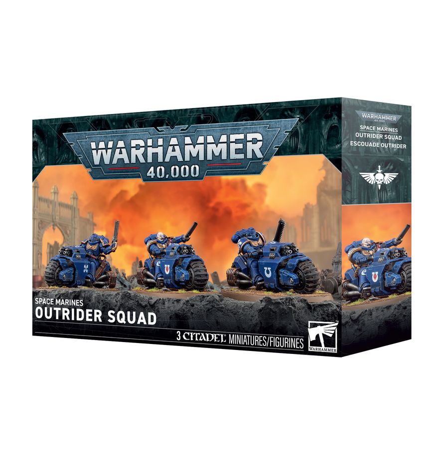 Warhammer 40,000 - Space Marines - Outrider Squad (PREORDER) - Warhammer 40,000 Space Marines Outrider Squad box featuring blue-armored miniatures on black motorcycles with weapons, set.
