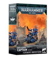 Warhammer 40,000 - Space Marines - Captain on Bike (PREORDER) - Blue armored Space Marine captain riding a bulky black futuristic bike with weapon and helmet crest, set against an orange.