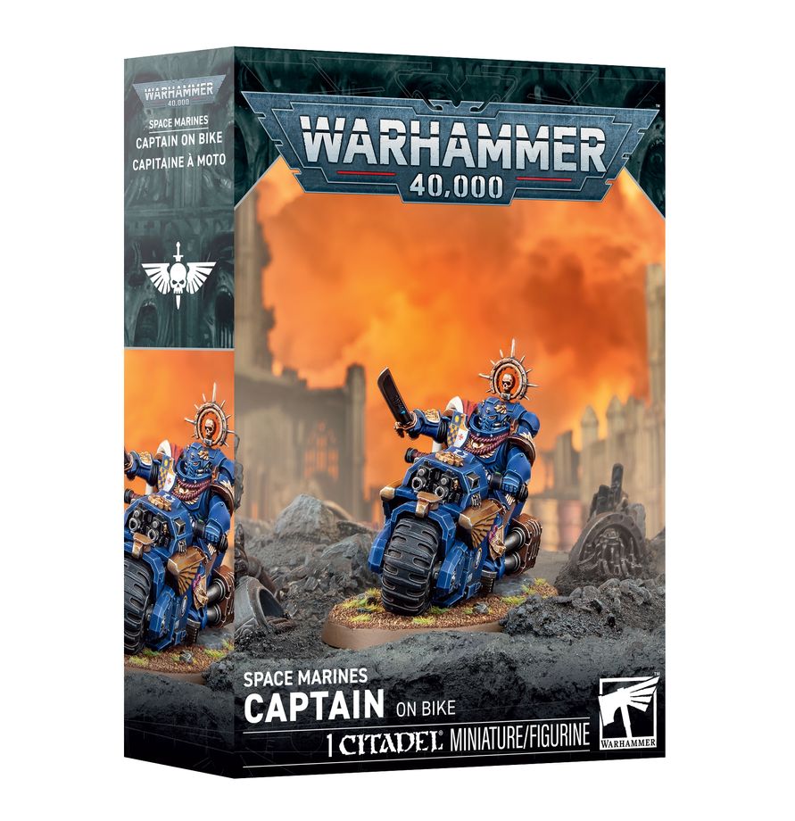 Warhammer 40,000 - Space Marines - Captain on Bike (PREORDER) - Blue armored Space Marine captain riding a bulky black futuristic bike with weapon and helmet crest, set against an orange.