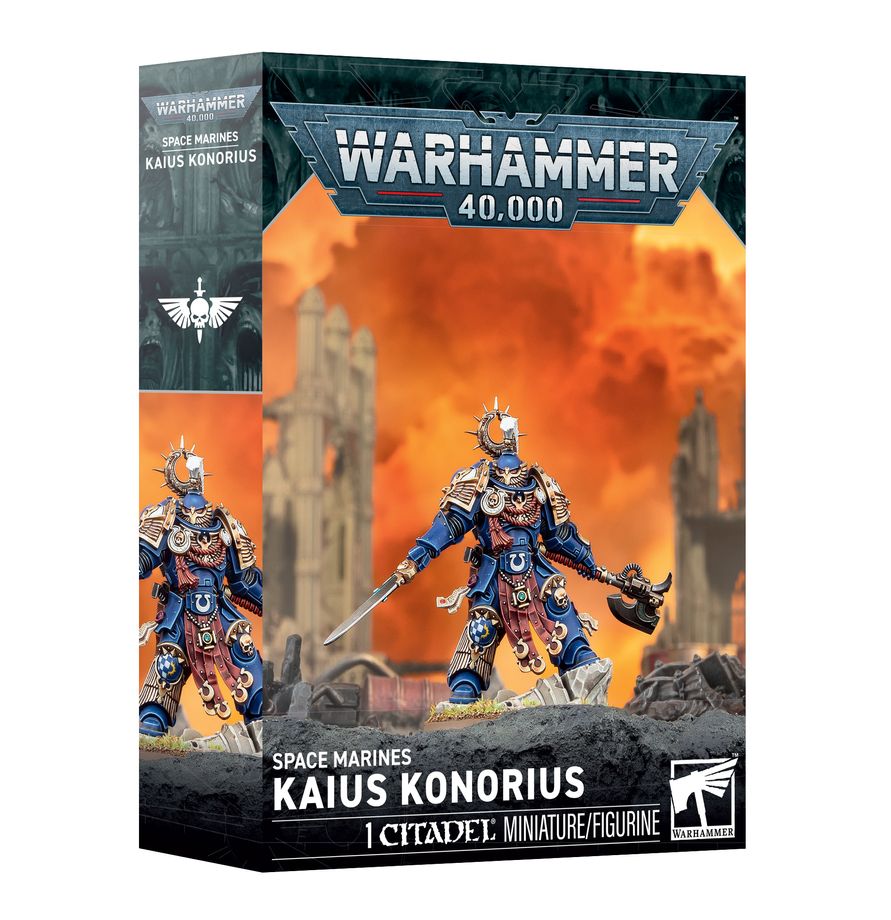 Warhammer 40,000 - Space Marines - Kaius Konorius (PREORDER) - Warhammer 40,000 Kaius Konorius Space Marine miniature with blue and gold armor, wielding a sword and mace, standing on a.
