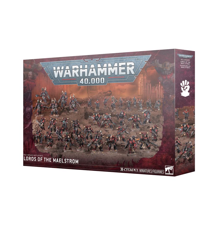 Warhammer 40,000 - Chaos Space Marines - Lords of the Maelstrom Red Corsairs Battleforce (PREORDER) - Warhammer 40,000 Red Corsairs Battleforce box featuring detailed Chaos Space Marines miniatures in dark, red, and black.